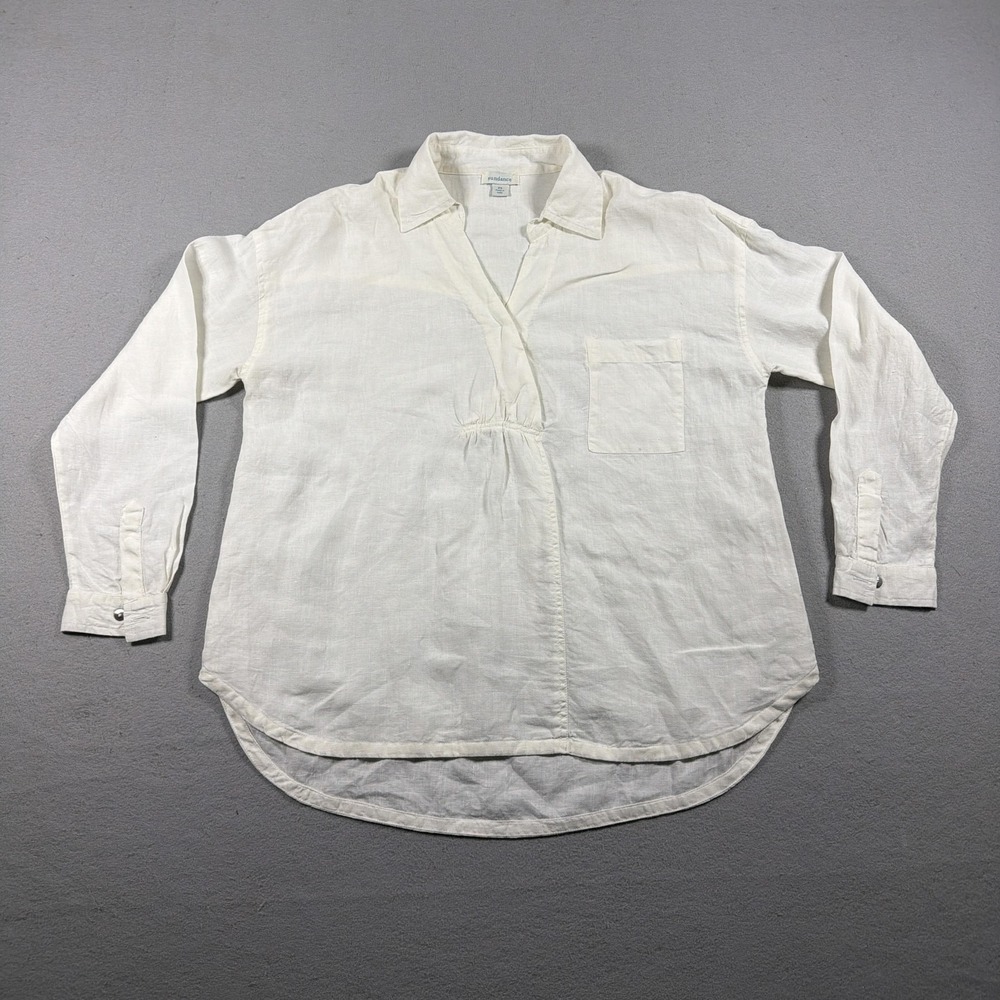 Sundance Blouse Womens XS White Linen Collared Long Sleeve Tunic Top Costal